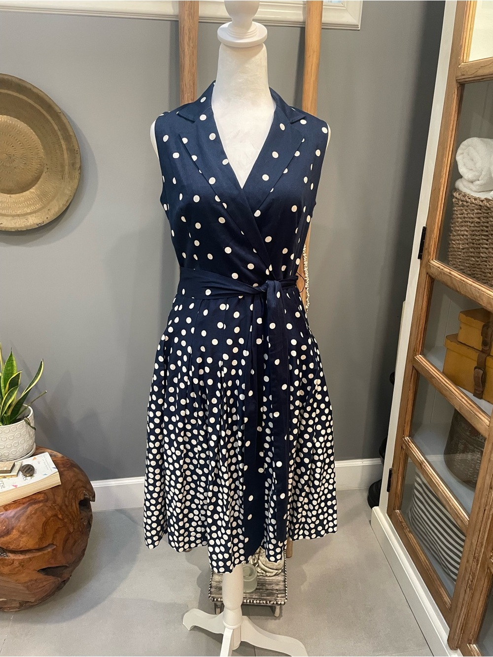 Sleeveless Navy Polka Dot Wrap Dress with Tie Waist